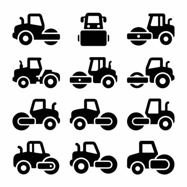 Çeşitli yol silindirlerini tasvir eden on iki siyah siluet ikonundan oluşan bir koleksiyon. Bu set, toprak, çakıl ve asfalt sıkıştırma için ağır inşaat makinelerinin farklı açılarını ve tasarımlarını gösterir..