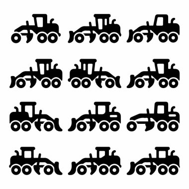 Beyaz arka planda on iki siyah motor derecelendirme simgesi koleksiyonu. Bu inşaat ekipmanı siluetleri çeşitli açılardan ağır makineleri gösteriyor..