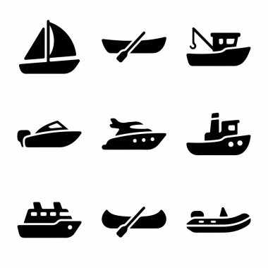 Yelkenli, kano, balıkçı teknesi, sürat teknesi, yat, römorkör ve yolcu gemisi gibi farklı türde tekne ve gemileri temsil eden dokuz adet siyah ve beyaz vektör simgesi..