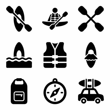 Kano sporu ve su sporlarıyla ilgili dokuz siyah simge koleksiyonu. Taşıma için kano, kürek, can yeleği, pusula, kuru çanta ve araba içerir.