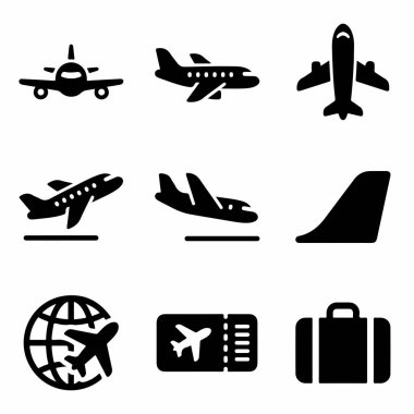 A collection of nine simple black silhouette icons related to air travel. Includes airplanes, a globe, a ticket, and luggage. Perfect for web design, apps, and travel-themed graphics.