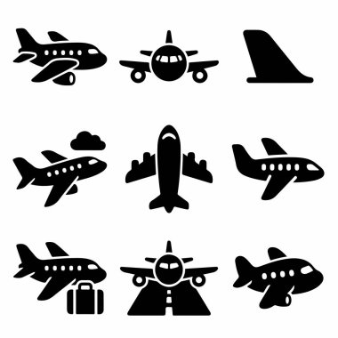 A collection of nine black and white airplane icons. This vector set includes various views of aircraft, perfect for travel, transport, and aviation design projects.