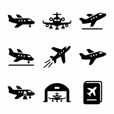 A collection of black solid icons representing various aspects of air travel including airplanes taking off, landing, in a hangar, and a travel passport symbol for design projects.