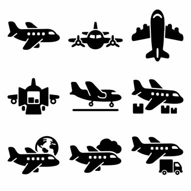 A collection of vector glyph icons depicting various aspects of air transportation and freight services, including different aircraft views, cargo loading, and global shipping symbols.