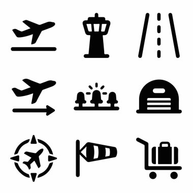 Uçak, kontrol kulesi, pist, hangar, bagaj arabası ve rüzgarlık gibi havalimanı elementlerini temsil eden dokuz basit siyah ikondan oluşan bir koleksiyon, beyaz arka planda izole edilmiş..