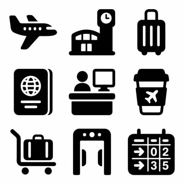 Uçak, pasaport, bavul, kayıt masası, güvenlik tarayıcısı ve kalkış tahtası gibi hava yolculuğu elementlerini temsil eden dokuz basit siyah beyaz simge koleksiyonu..