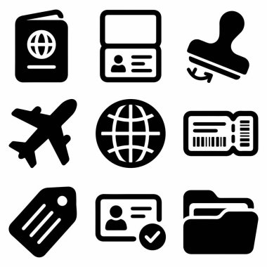 Bir pasaport, uçak, bilet, vize damgası ve kimlik gibi seyahat gereksinimlerini temsil eden dokuz katı siyah vektör ikonundan oluşan bir koleksiyon, beyaz bir arka planda izole edilmiş..