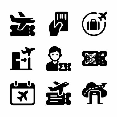 Uçak biletleri, uçuş kartı, bavul, havaalanı kapısı, yolcu ve uçuş çizelgesi de dahil olmak üzere dokuz siyah simge koleksiyonu..
