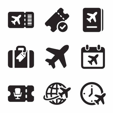 A collection of nine solid black icons representing air travel elements like tickets, passport, luggage, airplane, flight date, boarding pass, and international travel.