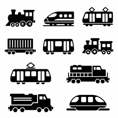 Siyah siluet tarzında çeşitli tren simgelerinden oluşan bir koleksiyon. Buhar makineleri, modern yüksek hızlı tren, tramvay, yük vagonu ve beyaz arka planda izole edilmiş diğer demiryolu araçları dahil..