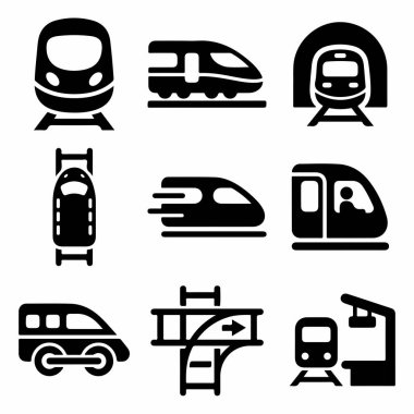 Tren yolculuğunun çeşitli yönlerini temsil eden dokuz vektör ikonundan oluşan bir koleksiyon. Yüksek hızlı trenler, tüneller, istasyonlar ve tren yolları da dahil. Beyaz bir arkaplanda izole edilmiş.