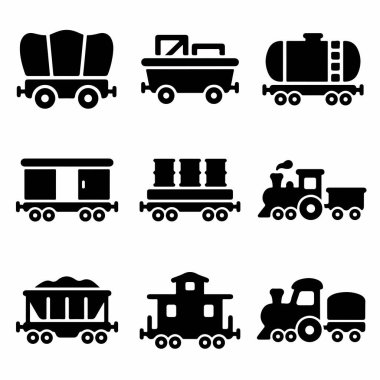 Lokomotifler, tankerler, yük vagonları ve zıplayıcılar da dahil olmak üzere çeşitli yük trenleri vagonlarını gösteren dokuz adet basit vektör simgesi. Ulaşım tasarımı için izole grafik ögeleri.