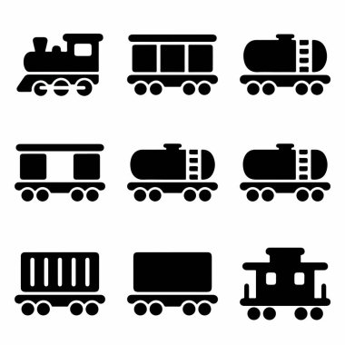 Lokomotif, yolcu vagonu, tank vagonu, yük vagonu ve ulaşım ve lojistik tasarım için bir vagon temsil eden dokuz basit simge..