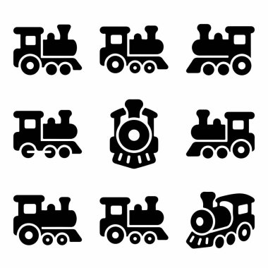Bir dizi izole tren sembolü. Bu koleksiyonda, buhar lokomotifleri ve oyuncak trenlerin dokuz basit, siyah siluet simgesi yer almaktadır, ulaşım ve çocuk temaları için mükemmeldir.