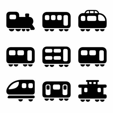 Dokuz basit siyah tren ikonundan oluşan bir koleksiyon. Beyaz arka planda izole edilmiş çeşitli lokomotifler, yolcu vagonları ve vagonları içerir..