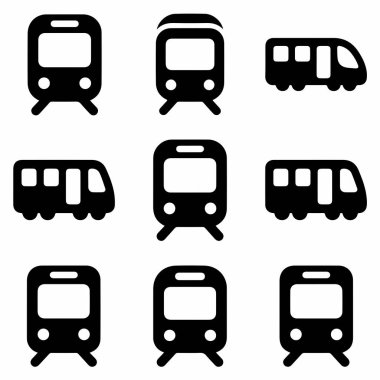Bir dizi minimalist tren, metro ve tramvay ikonu. Bu koleksiyon, ulaşım veya seyahat temalı grafik tasarımı için mükemmel olan çeşitli ön ve yan görünüm siluetlerini içerir..