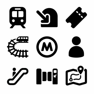 Bir tren, bilet, harita, yürüyen merdiven, turnike ve kentsel demiryolu taşıma sisteminin diğer elemanlarını temsil eden dokuz basit piktogramdan oluşan bir koleksiyon..