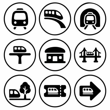 Toplu taşıma için dokuz dairesel sembol seti. Ağ ve mobil uygulamalar için tren, metro, istasyon, tünel, köprü, bilet ve monoray sembollerini içerir.
