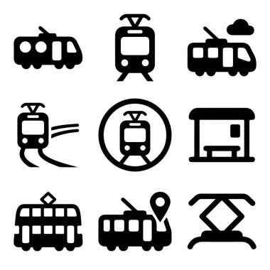 Tramvaylar, tramvaylar, tramvay durakları, pantograflar ve toplu taşıma sistemleri için konum broşu gibi ilgili unsurları temsil eden dokuz katı siyah simge koleksiyonu..