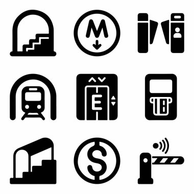 Bir tren, giriş, bilet makinesi, turnike, asansör ve ödeme sembolleri de dahil olmak üzere metro veya metro sistemini temsil eden dokuz katı siyah simge koleksiyonu..