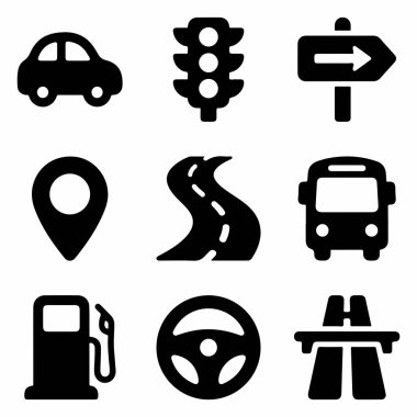 Bir araba, otobüs, trafik lambası, yol işareti, harita broşu, otoyol ve direksiyon simidi de dahil olmak üzere dokuz temel ulaşım ve seyahat simgesinden oluşan bir koleksiyon.