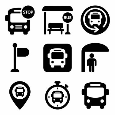 Otobüs durakları, barınaklar, programlar, konum broşürleri ve mobil uygulamalar için araç sembolleri de dahil olmak üzere, kamu otobüsleri taşımacılığını temsil eden dokuz siyah simge koleksiyonu.