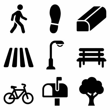 Yaya geçidi, bank, bisiklet ve ağaç gibi şehir yaşamını temsil eden dokuz katı siyah piktogramdan oluşan bir koleksiyon..