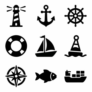 Bir deniz feneri, çapa, dümen, cankurtaran simidi, yelkenli, şamandıra, pusula, balık ve kargo gemisi de dahil olmak üzere dokuz basit Karadeniz ve yelken simgelerinden oluşan bir koleksiyon..