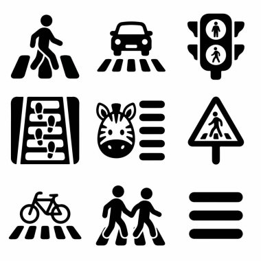 Yayalar, arabalar, trafik ışıkları, bisikletler ve zebra geçişleri için semboller de dahil olmak üzere trafik ve sokak geçişleriyle ilgili dokuz düz siyah vektör simgesi koleksiyonu.