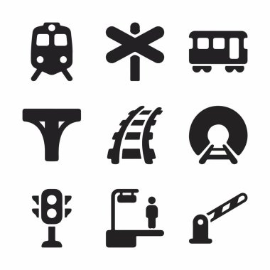 Tren yolculuğunun ve demiryolu altyapısının çeşitli unsurlarını temsil eden dokuz katı siyah ikondan oluşan bir koleksiyon. Tren, raylar, sinyaller, bir istasyon ve bir geçiş de dahil..