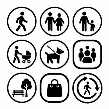Yürüyen insanları, aileyi, çiftleri, evcil hayvanları, alışverişi ve parklar gibi kamusal alanları temsil eden dokuz basit ikondan oluşan bir koleksiyon. Ağ ve yazdırma için izole vektör grafikleri.
