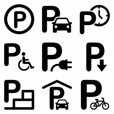 A collection of nine black and white vector icons representing different parking regulations and facilities, including timed, handicapped, electric vehicle, and garage parking.