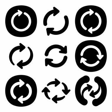 A collection of nine unique black glyph icons featuring circular arrows. These vector symbols represent concepts like refresh, reload, repeat, update, and synchronization for user interfaces.