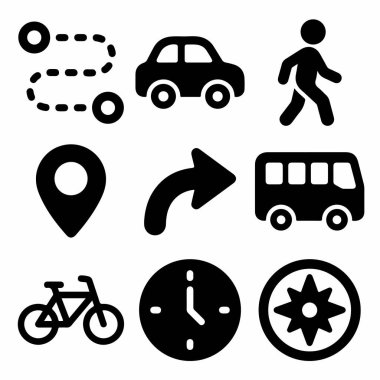 Araba, otobüs, bisiklet ve harita pin, rota ve pusula gibi yön bulma unsurlarını temsil eden basit siyah simgelerden oluşan bir koleksiyon..