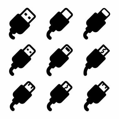 Farklı USB kablo bağlantılarını temsil eden dokuz basit simge seti. USB-A, Micro-B ve USB-C gibi dijital projelerde kolay kullanım için beyaz arka planda izole edilmiş çeşitli dolgu tiplerini içerir..