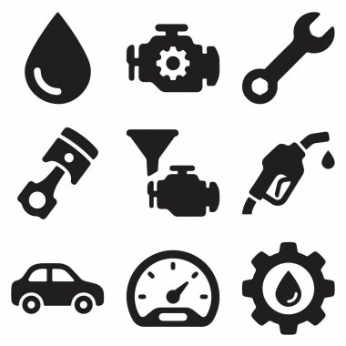 Motor yağı, yakıt pompası, ingiliz anahtarı, piston, araba ve benzin istasyonu kavramları için hız göstergesi gibi otomotiv temaları için basit simge koleksiyonu.