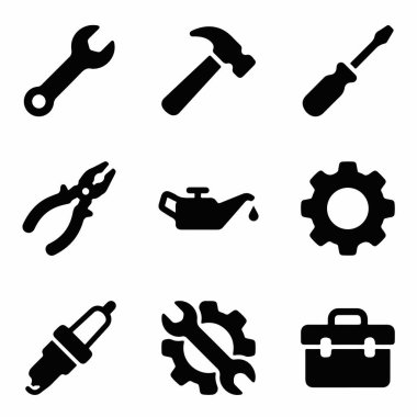 İngiliz anahtarı, çekiç, tornavida, pense, yağ tenekesi, alet çantası ve alet çantası da dahil olmak üzere çeşitli araç ve araç hizmet elemanlarını temsil eden dokuz katı siyah simge koleksiyonu..