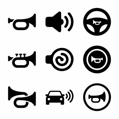 Araba kornalarını, direksiyon simidini, ses dalgalarını ve araç alarmlarıyla ilgili trafik işaretlerini temsil eden dokuz simge koleksiyonu..