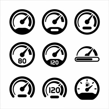 Çeşitli hız göstergelerini, takometreyi ve yakıt göstergelerini temsil eden dokuz monokrom vektör ikonu koleksiyonu. Gösterge panelleri ve UI ögeleri için basit, modern tasarım.