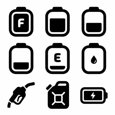 Dolu ve boş benzin deposu da dahil olmak üzere çeşitli yakıt ve enerji kavramlarını temsil eden basit vektör simgelerinden oluşan bir koleksiyon yakıt pompası nozülü bir bidon ve bir pil şarj sembolü..