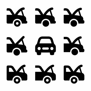 Otomotiv sorunlarını temsil eden dokuz basit simge koleksiyonu. Onarmak için açık kaputlu ve önden görüşlü arabaların birden fazla yan görüntüsünü içerir, araç servisi ve bakım.