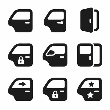 Dokuz izole edilmiş siyah araba kapısı ikonu koleksiyonu. Bu vektör kümesi açık, kapalı, kilitli, kilidi açık ve sürgülü kapılar için semboller içerir, otomotiv gösterge panelleri veya uygulama UI için mükemmeldir.