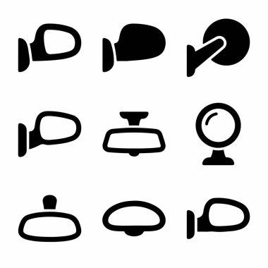 Yan ayna ve dikiz aynaları da dahil olmak üzere çeşitli araba aynalarını temsil eden dokuz siyah siluet ikonundan oluşan bir koleksiyon. Basit vektör grafik tasarım ögeleri.