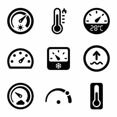 Termometre, basınç göstergeleri, göstergeler ve sıcaklık ve kontrol sistemleri için seviye göstergeleri gibi çeşitli ölçüm araçlarını temsil eden dokuz siyah ve beyaz vektör simgesinden oluşan bir koleksiyon.