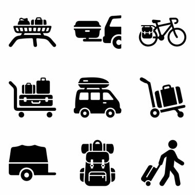 Çatı rafları, bisiklet çantaları, bagaj arabaları, karavanlar ve sırt çantaları da dahil olmak üzere çeşitli seyahat ve bagaj taşımacılığını temsil eden dokuz adet siyah simge koleksiyonu..