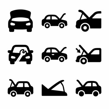 Araba arızasını, araç bakımını, motor sorunlarını ve çekme gibi yol kenarı yardım hizmetlerini temsil eden dokuz basit simge koleksiyonu..