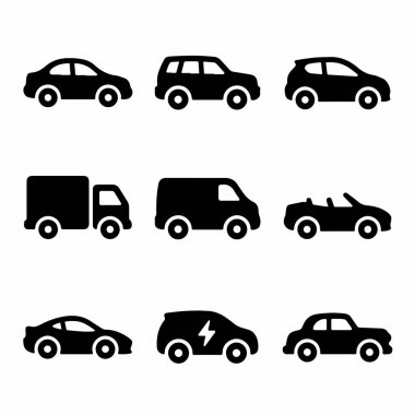 Farklı araçları temsil eden dokuz basit siyah vektör simgesinden oluşan bir koleksiyon. İçinde sedan, SUV, kamyonet, kamyonet, üstü açık spor araba ve beyaz arka planda izole edilmiş elektrikli araba var..