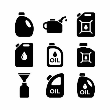 İkon setinde farklı yağ bidonları, benzin bidonları ve teneke kutular var. Yakıt, kayganlaştırıcı ve otomotiv bakımı için basit siyah beyaz grafik sembolleri.