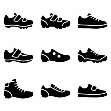 Spor ayakkabıları, koşu ayakkabıları ve bisiklet ayakkabıları gibi çeşitli stillere sahip dokuz siyah ayakkabı ikonundan oluşan çok yönlü bir set. Tasarım projeleri için basit, temiz vektör siluetleri.
