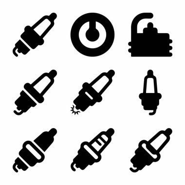 Otomobil motoru bujilerini, ateşleme sistemlerini ve otomotiv ve mekanik temalar için bir güç düğmesi sembolünü temsil eden dokuz izole edilmiş siyah simge koleksiyonu..